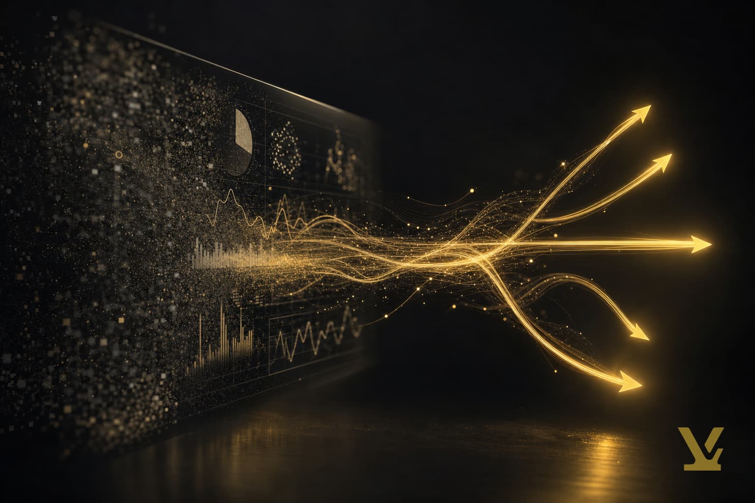 Abstract dashboard dissolving into gold intent-signal streams on a dark background