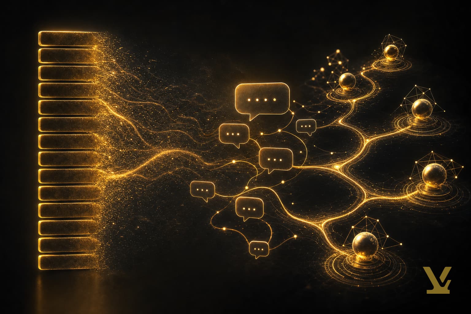 Static keyword list dissolving into branching conversational prompt and AI agent pathways