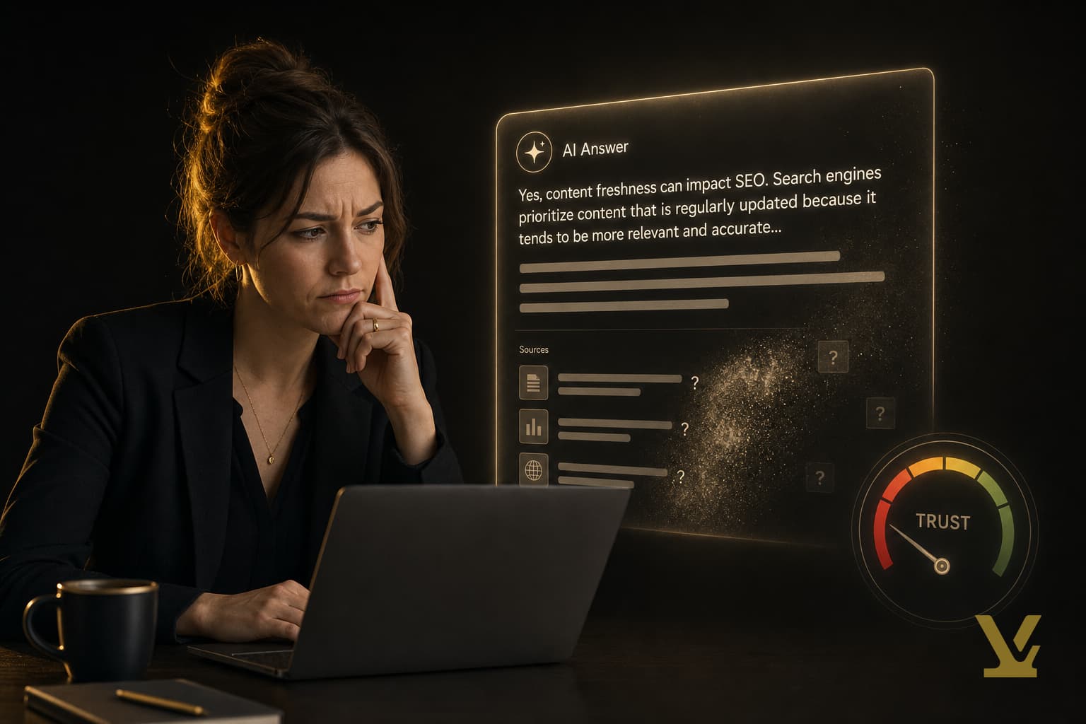 Content professional doubting an opaque AI search answer with faded source citations