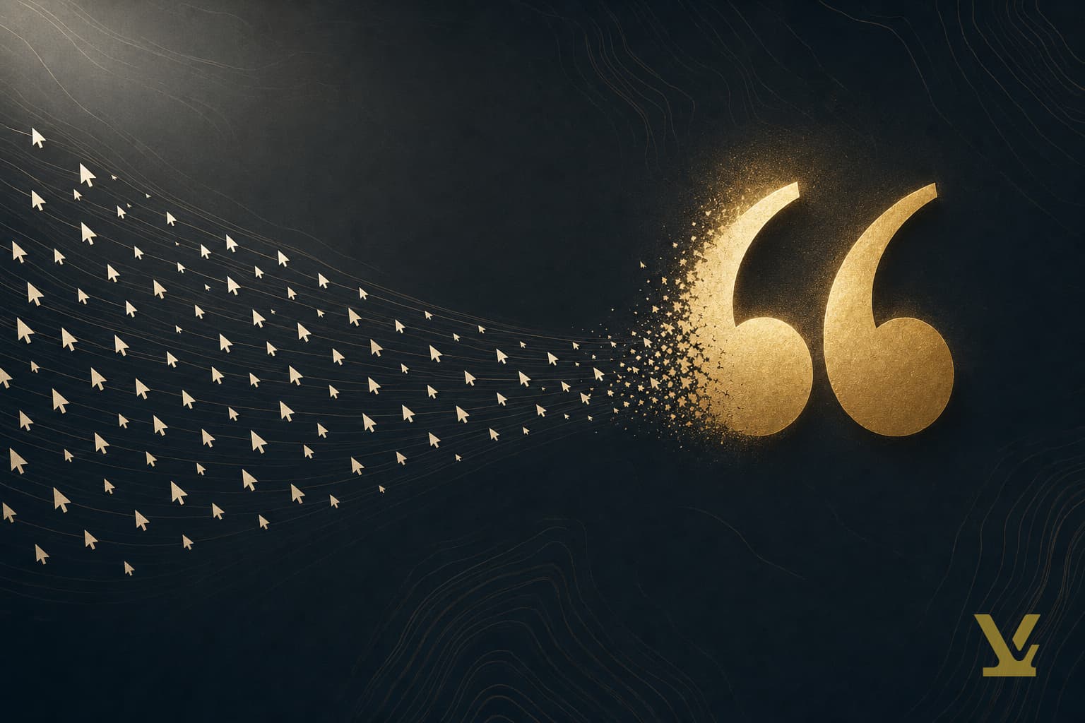 Ivory cursor arrows dissolving into a glowing gold quotation mark, showing clicks becoming AI Overview citations