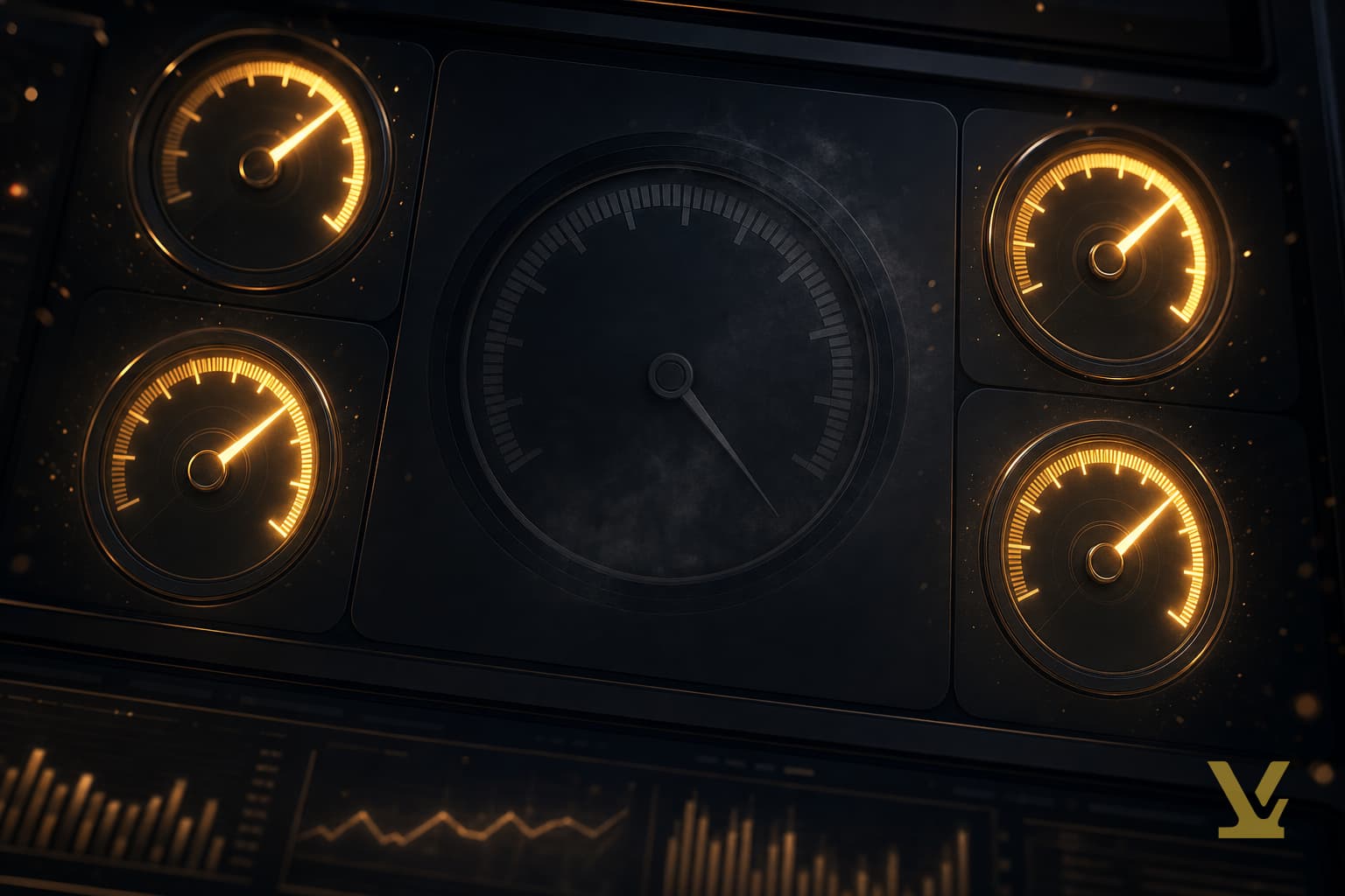 Dashboard with a fading search-volume gauge as four new generative metrics light up in gold