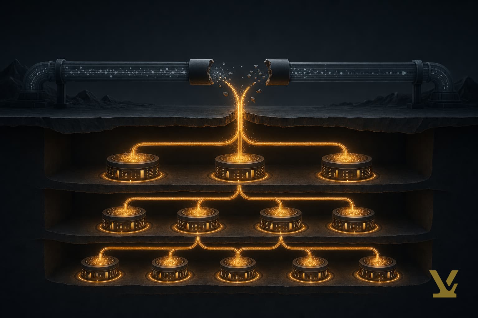 Broken SEO data pipeline rerouted through tiered cached reservoirs during a SERP API outage