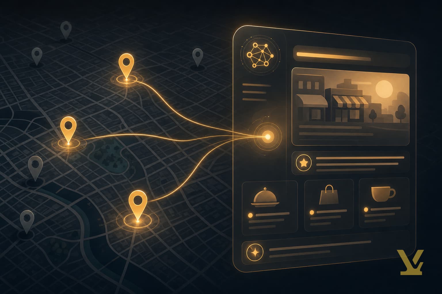 AI map overview panel pulling data from selected location pins on a city map