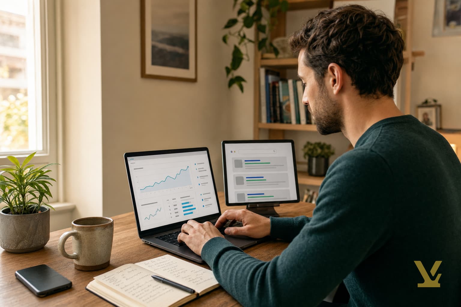 Photograph: a creator at a sunny desk reviewing search rankings on a laptop