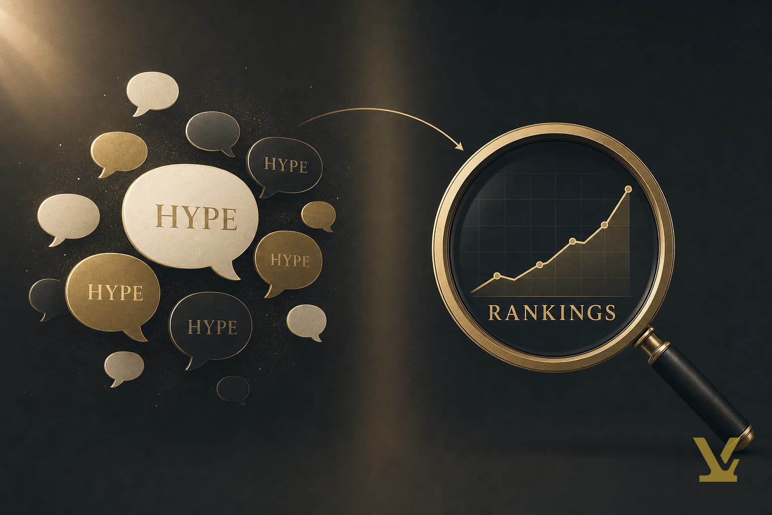 AI SEO marketing hype on one side, a magnifying glass on rising rankings on the other