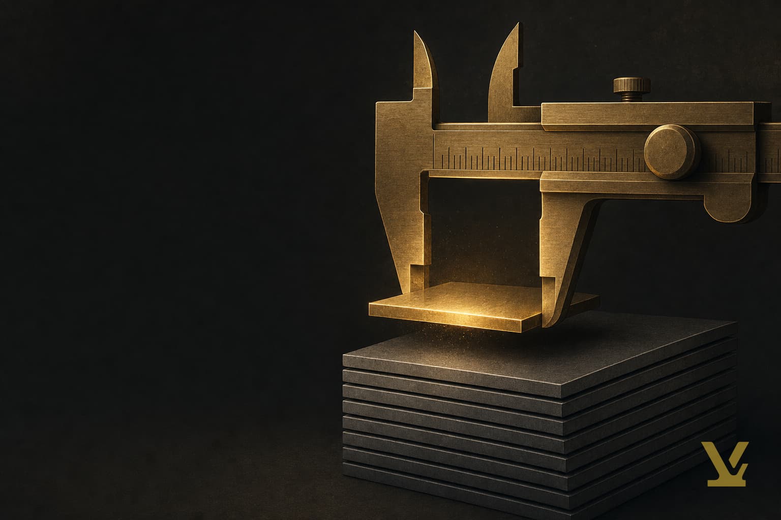 Brass caliper measuring one glowing slab lifted from a stack of identical grey slabs