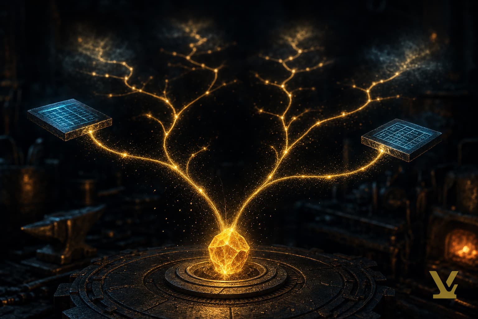 Glowing query node fanning into branching search paths in a dark forge