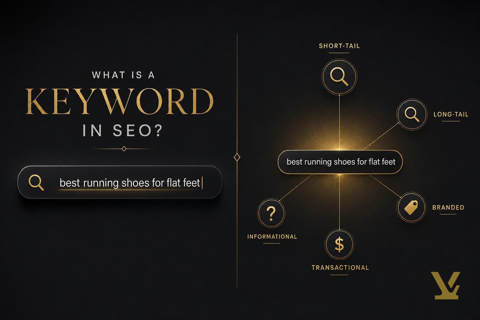 Editorial illustration: a search query branching into keyword type categories - shows what a keyword is in SEO at a glance
