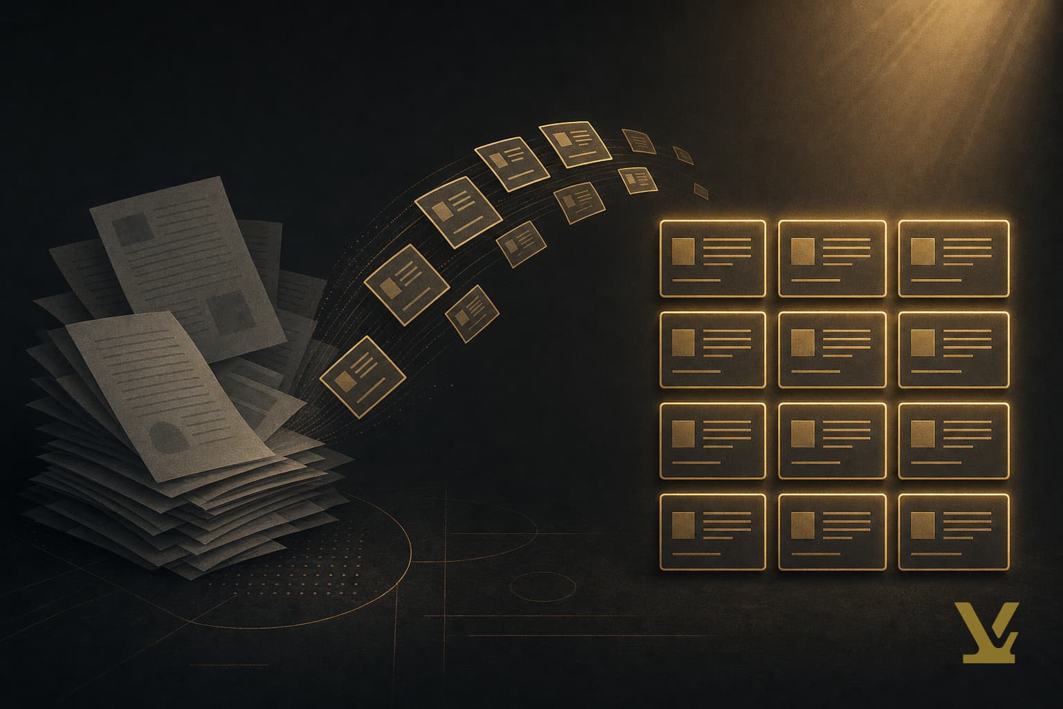 Dense grey text blocks on the left resolving into a grid of separate glowing gold cards on the right