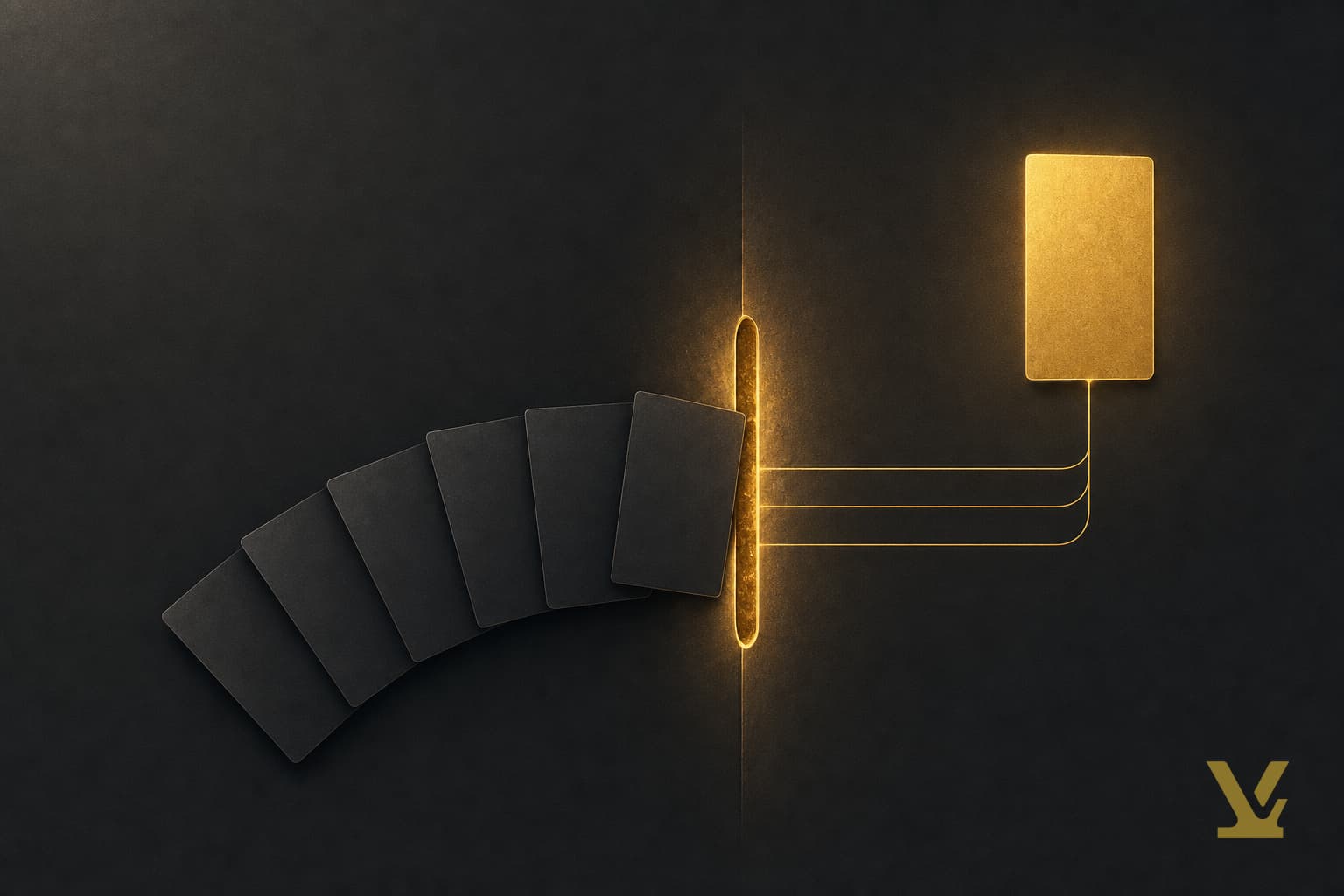 Anonymous cards pass through a gold aperture and one emerges cited