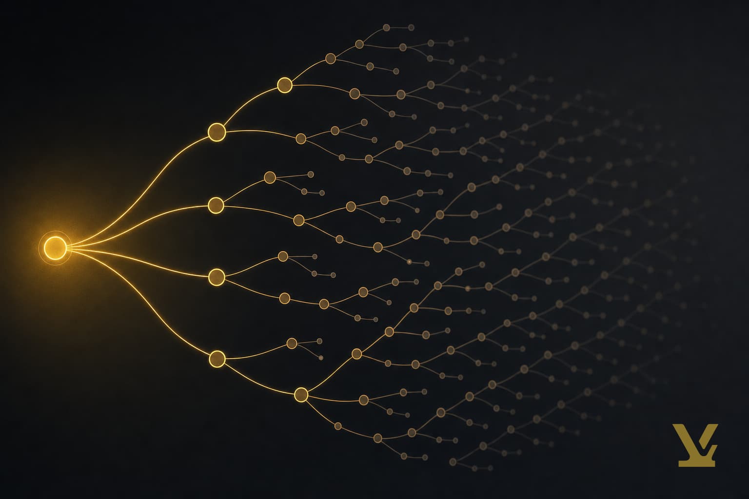 Branching node diagram of one search query fanning out into follow-up questions