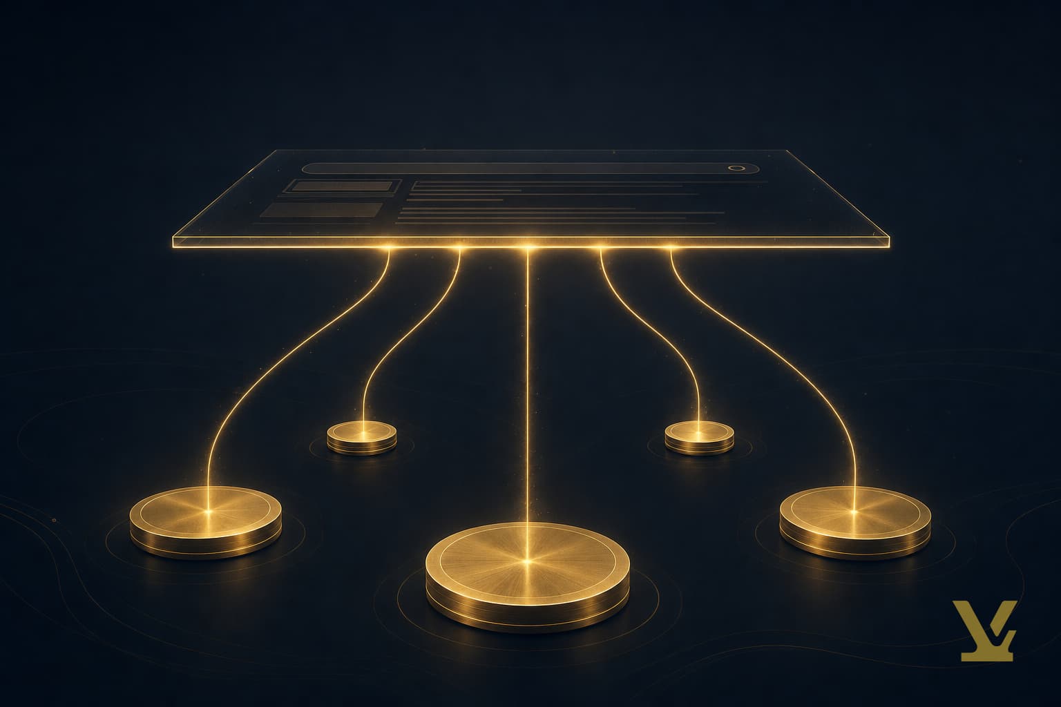 Golden filaments branching from a search result surface into five separate value discs