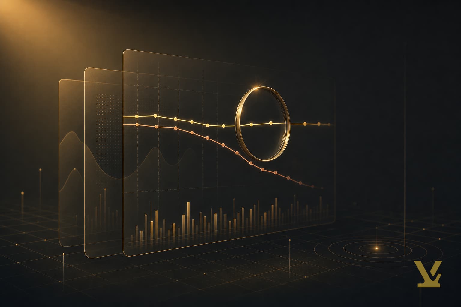 Analytics panels showing a flat impressions line above a falling clicks line, with a magnifier at the split