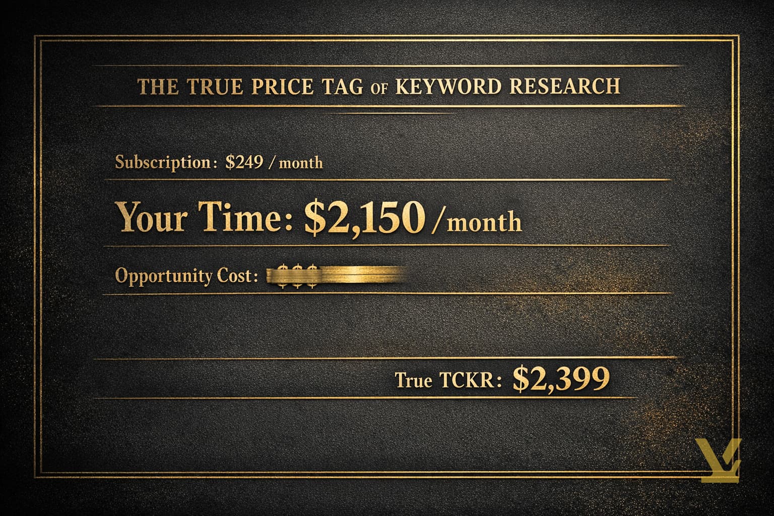 Stylized premium invoice listing subscription dollars and hidden hours as the true cost of keyword research