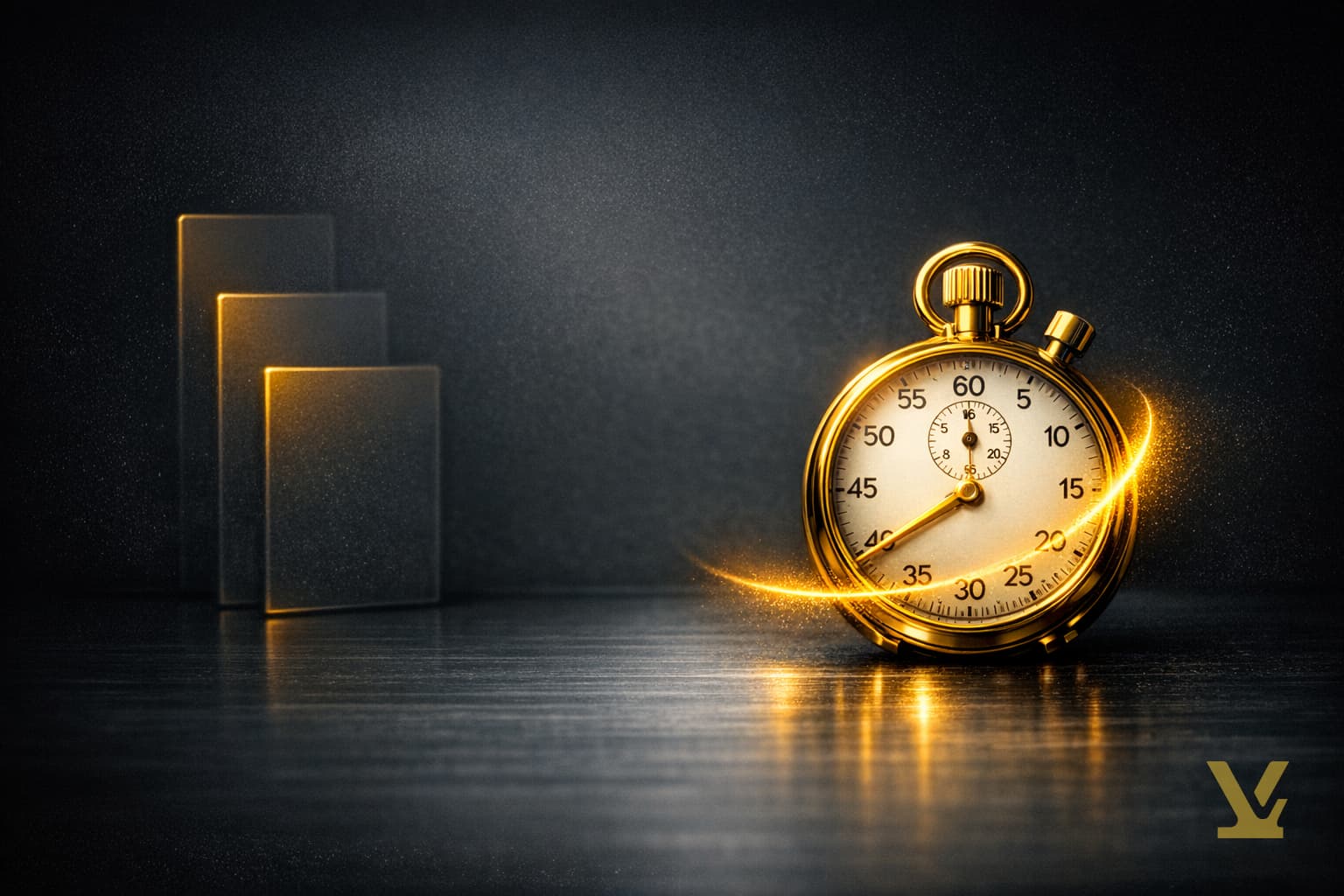 Forge-gold analog stopwatch on dark brushed steel with faint keyword tiles rising from charcoal — fast SEO workflow