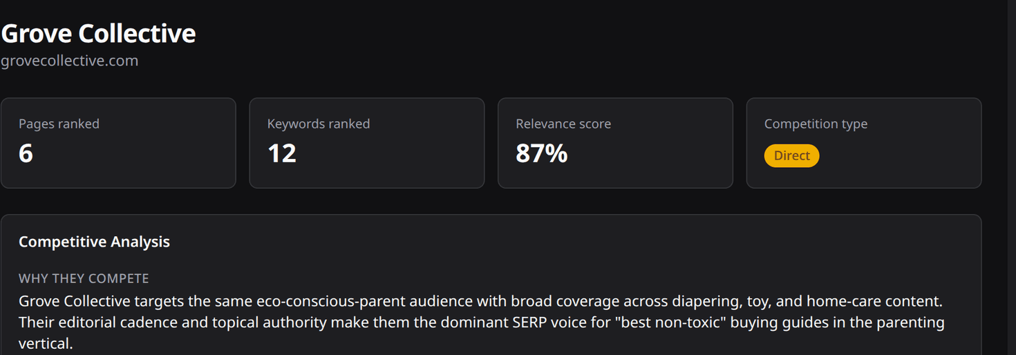 Company detail page showing competitor firmographics and ranking data.