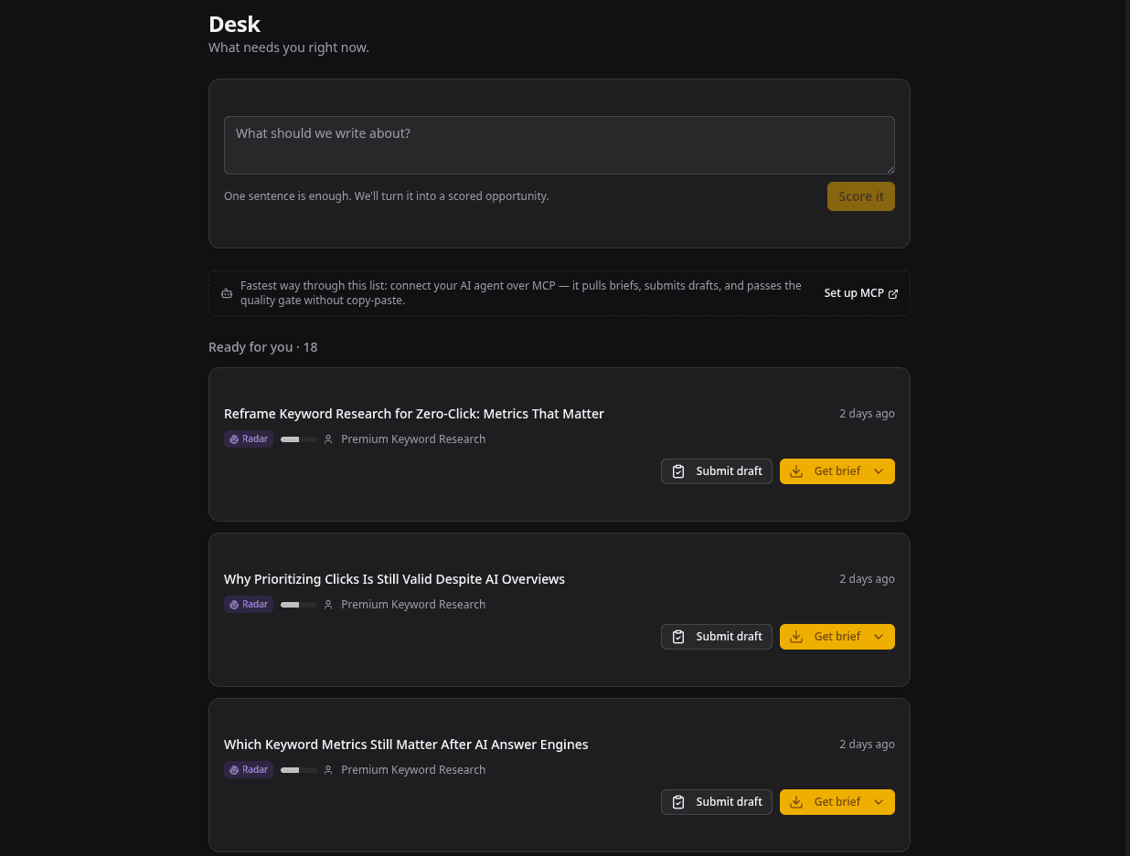 Desk view listing radar-sourced article suggestions with submit-draft and get-brief actions and an MCP setup banner.