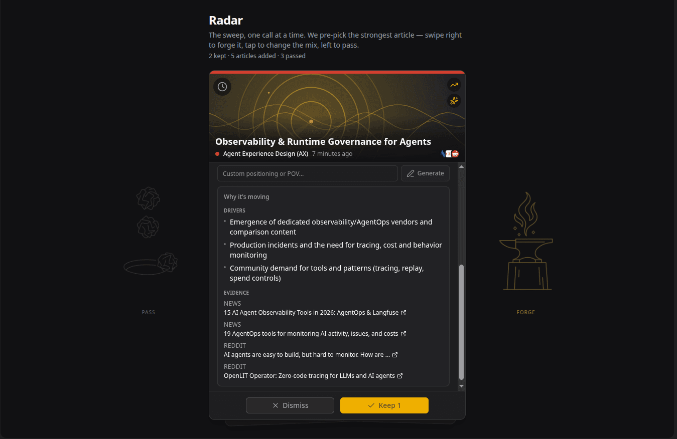 Radar sweep card showing a rising narrative with drivers and linked news and Reddit evidence.