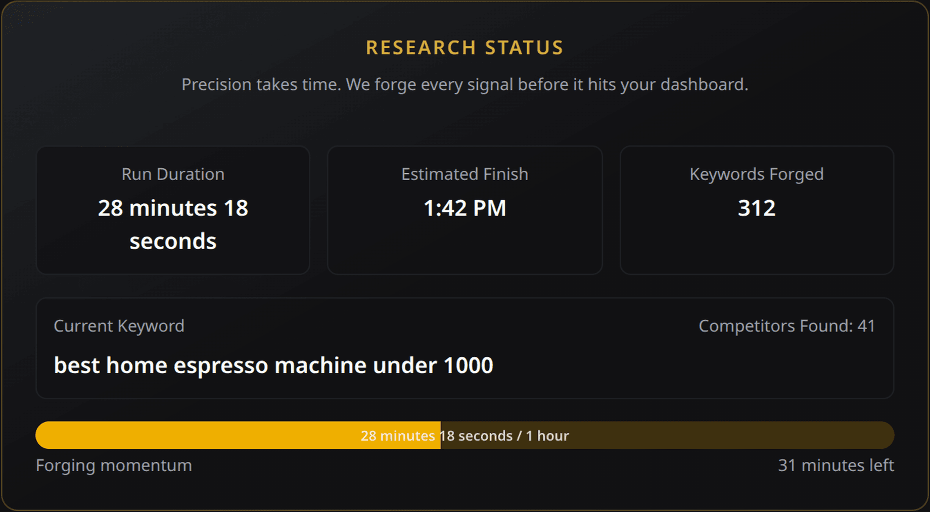 Live progress stream showing the research workflow phases.