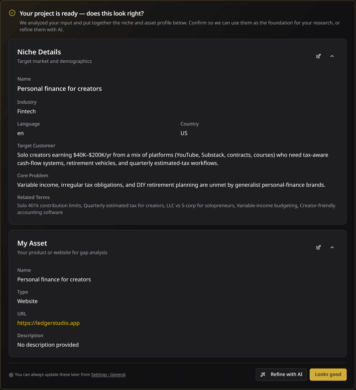Niche confirmation gate showing the AI-derived niche profile awaiting user approval.